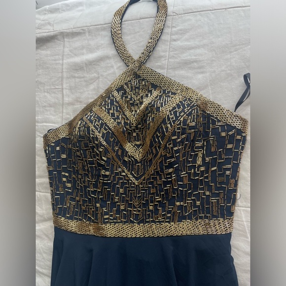 NWT Alyce Paris 60043 Gold Beaded Halter Chiffon Maxi Dress 6 Navy Prom Neutral - Picture 2 of 11